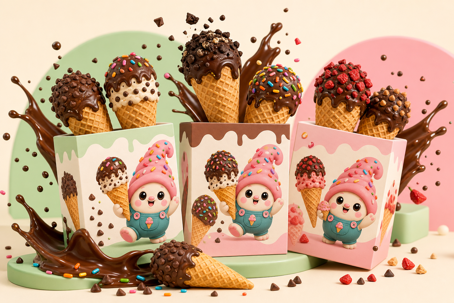 Gnome Sweet Gnome pastel retail boxes with chocolate-dipped gluten-free cones, chocolate chips, strawberry toppings, and chocolate splashes.