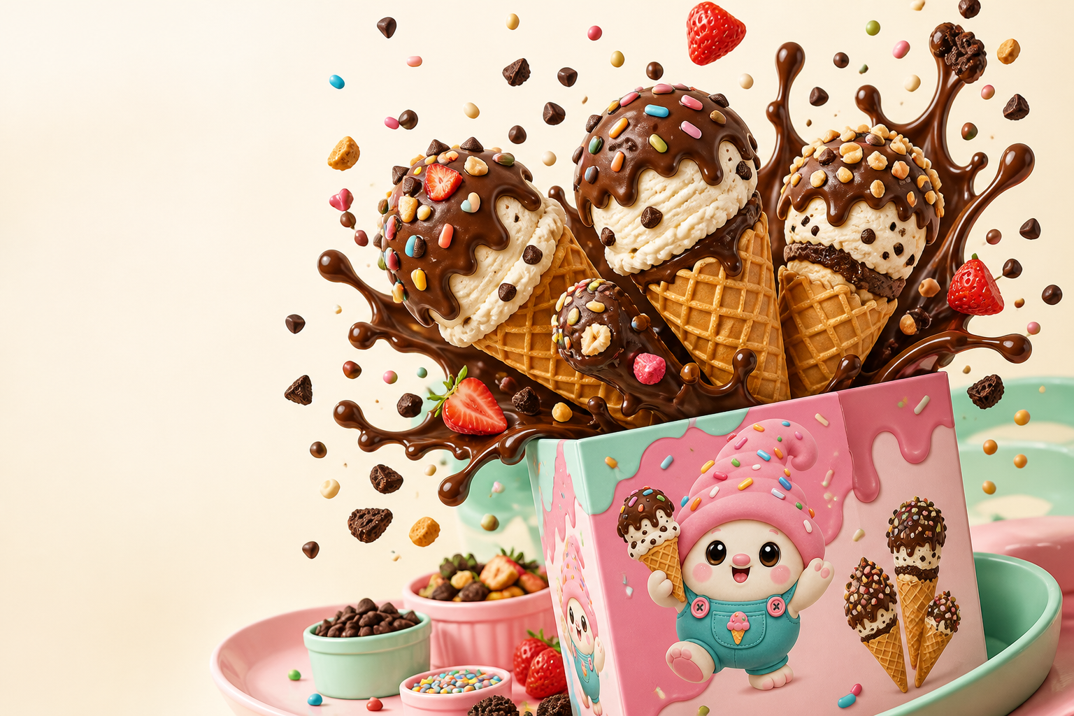 Pastel Gnome Sweet Gnome retail boxes with gluten-free ice cream cones bursting through chocolate splashes, toppings, chips, and sprinkles.