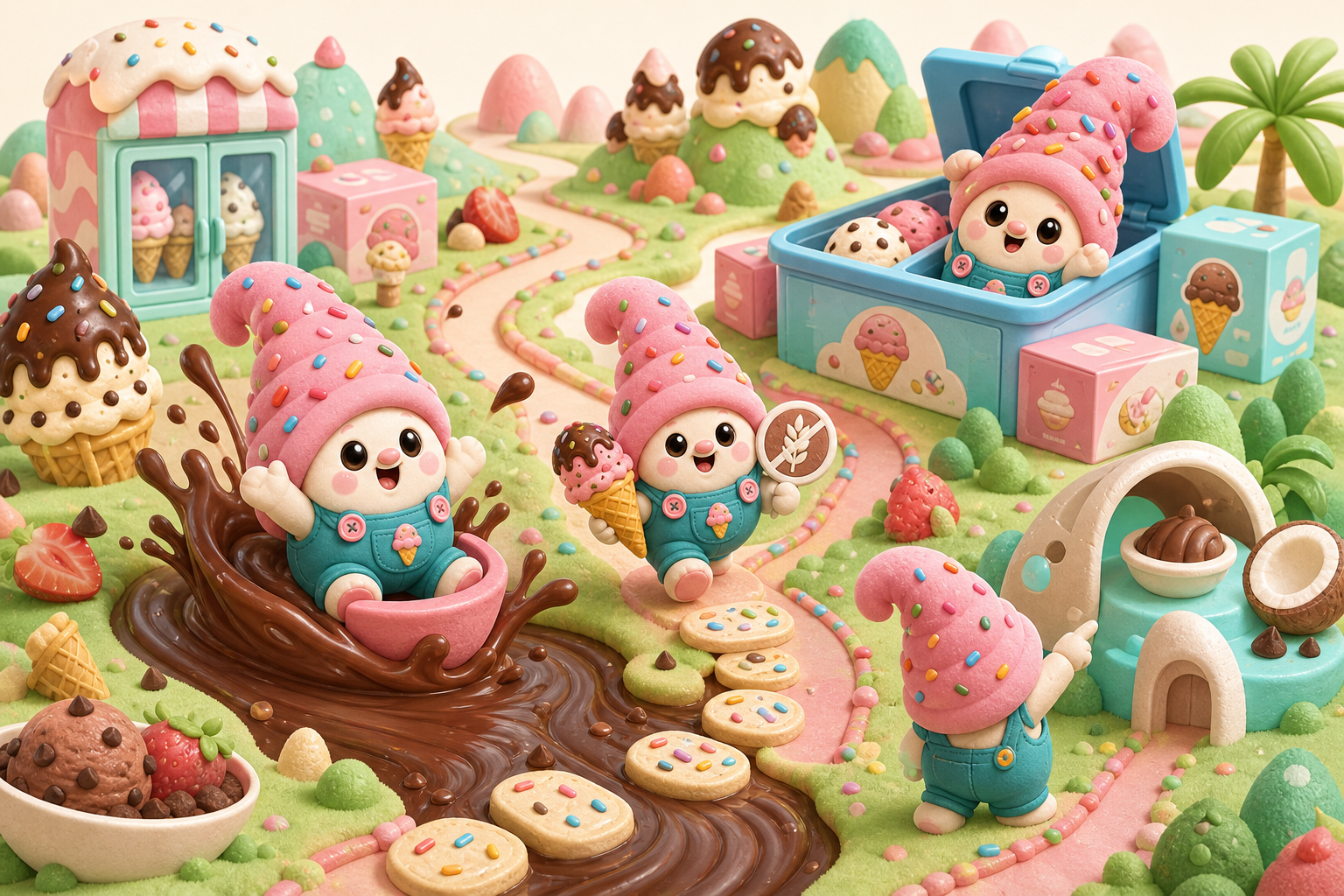 A playful Gnome Sweet Gnome freezer quest map with mascot characters, chocolate rivers, sprinkle paths, coconut lab, and product box landmarks.
