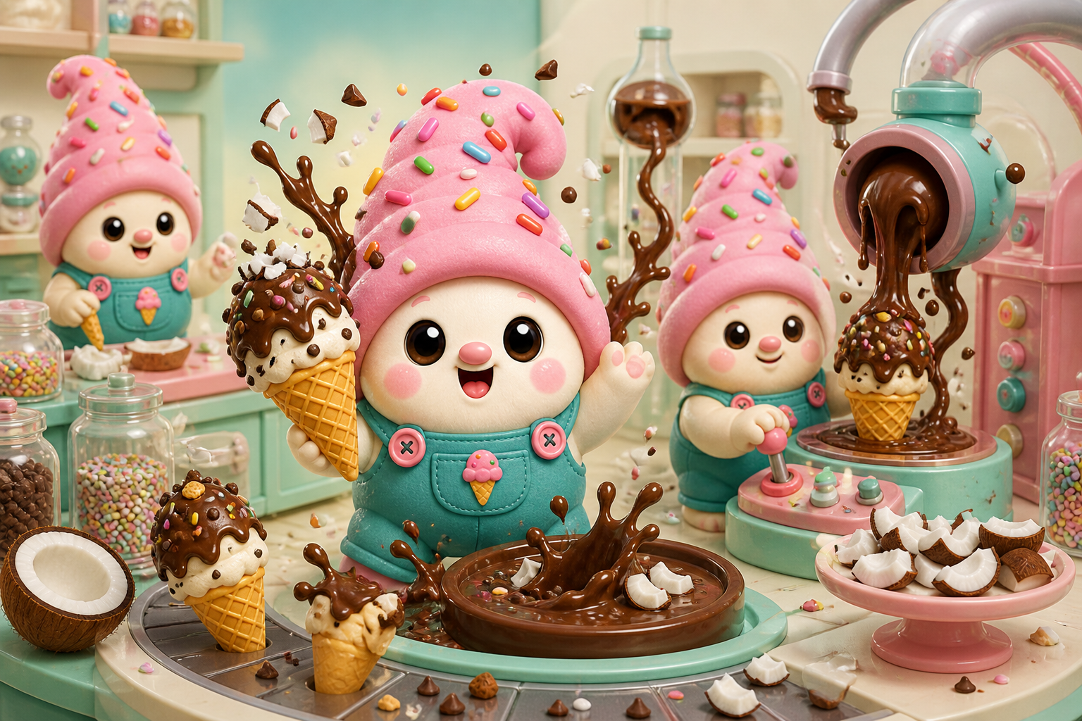 Mascot gnomes in a pastel chocolate splash lab dipping gluten-free cones, with coconut pieces, sprinkles, chocolate chips, and dairy-free cues.